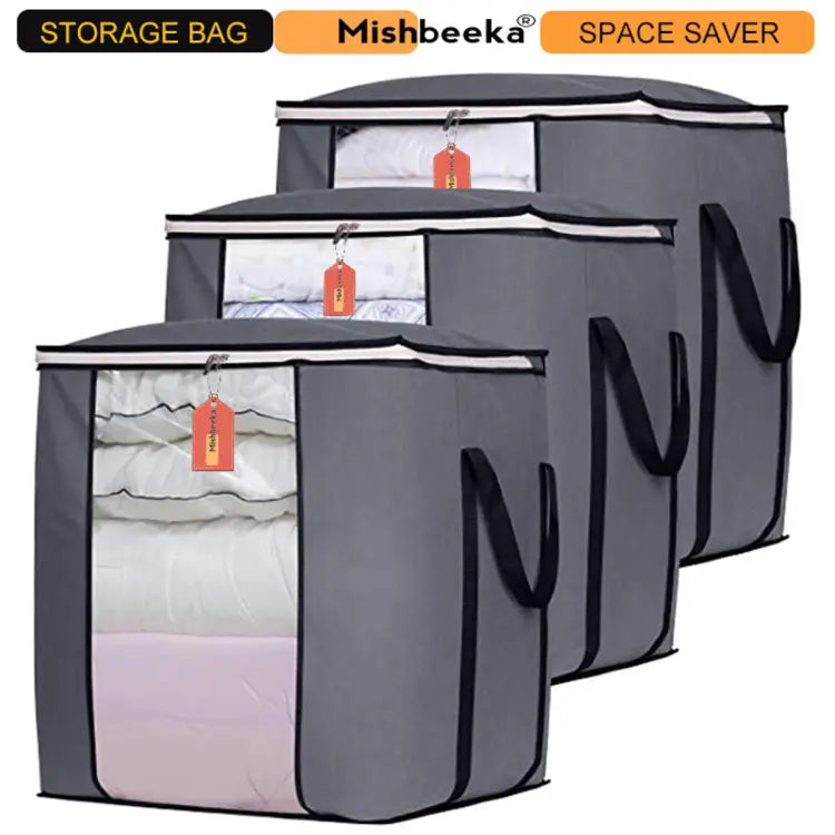 MISHBEEKA PACK 3 - LARGE STORAGE BAGS, STORAGE BAG CLOTHES STORAGE BOX BINS FOLDABLE CLOSET